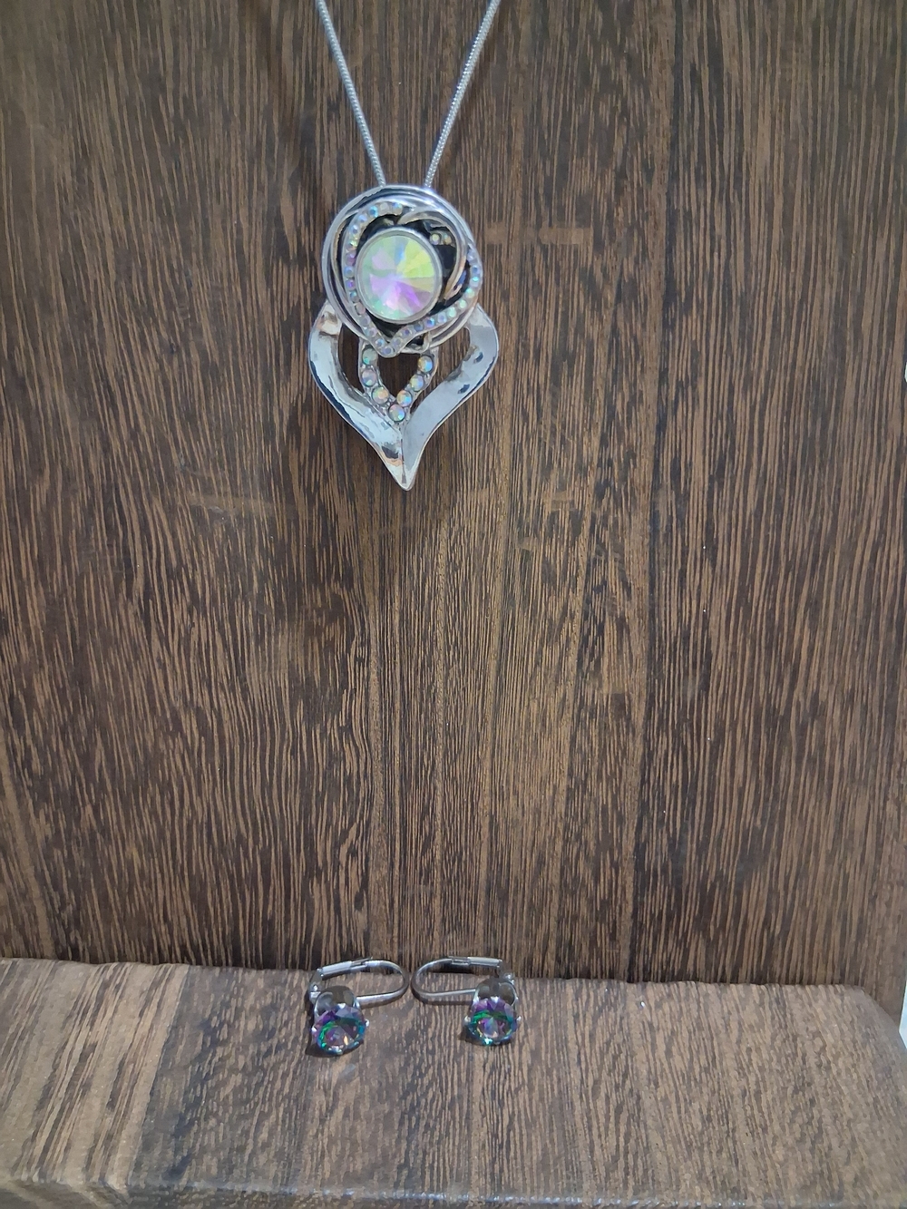 Silver-Tone Heart Pendant Necklace and Earrings Set with Iridescent Stones